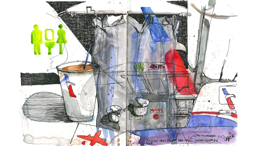 <strong>Painting on planes</strong>: Bermuda-based architect John Gardner is a frequent business traveler who passes time on planes by sketching the sights and scenes on board.
