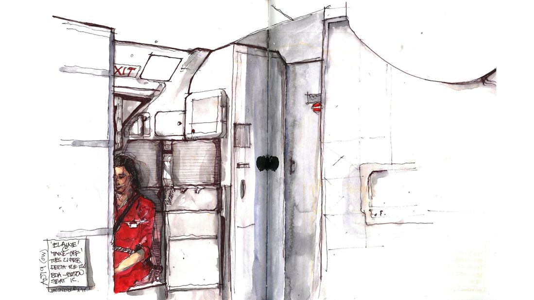 <strong>Creative catalyst: </strong>The artist is inspired by everything and anything -- he often sketches the air stewards: "At first, I was very much drawing what I saw as the overall view," says Gardner. "The flight attendants are amazing and they get really interested in what I'm doing."