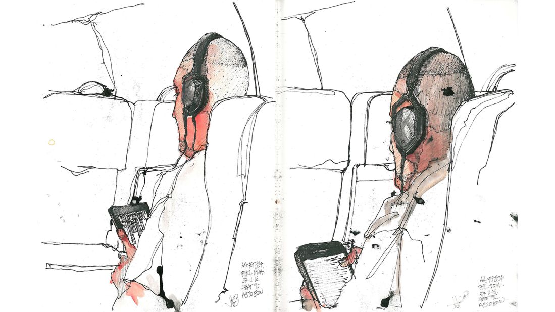 <strong>Choosing a subject: </strong>Sometimes his other passengers come under his artistic gaze. "I have to be a bit careful as I don't want them feeling weird that I'm glancing at them a lot," he say. "Passengers don't usually know I am drawing them and I ask if they are next to me."