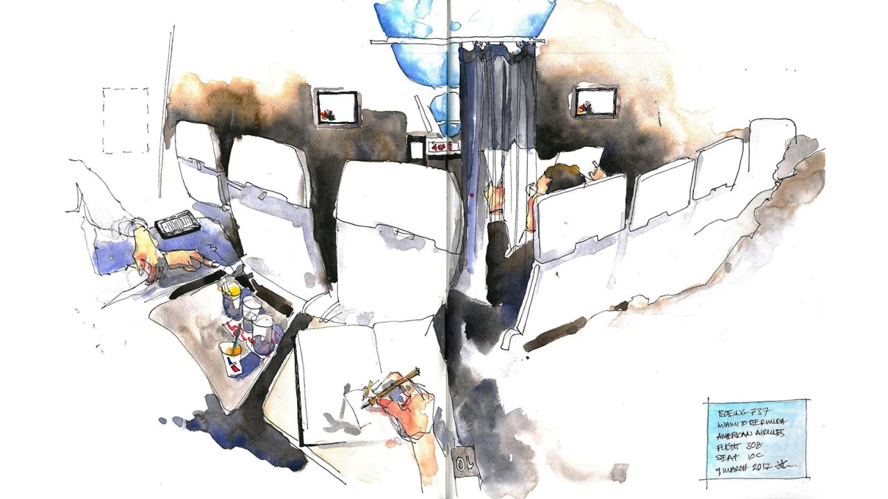 John Gardner sketches scenes from his airplane seat.