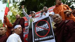 Supporters and monks belonging to the hardline Buddhist group Mabatha rally outside the US embassy in Yangon on April 28, 2016.  
The Buddhist ultra-nationalist group denounce the US embassy recent statement related to the deaths of the Rohingya Muslim minority from the April 19, 2016 boat accident in Sittwe.   / AFP / ROMEO GACAD        (Photo credit should read ROMEO GACAD/AFP/Getty Images)