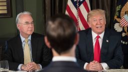 US President Donald Trump speaks at a meeting with administration officials, including Health and Human Services Secretary Tom Price (L), on the opioid addiction crisis at the Trump National Golf Club in Bedminster, New Jersey, on August 8.