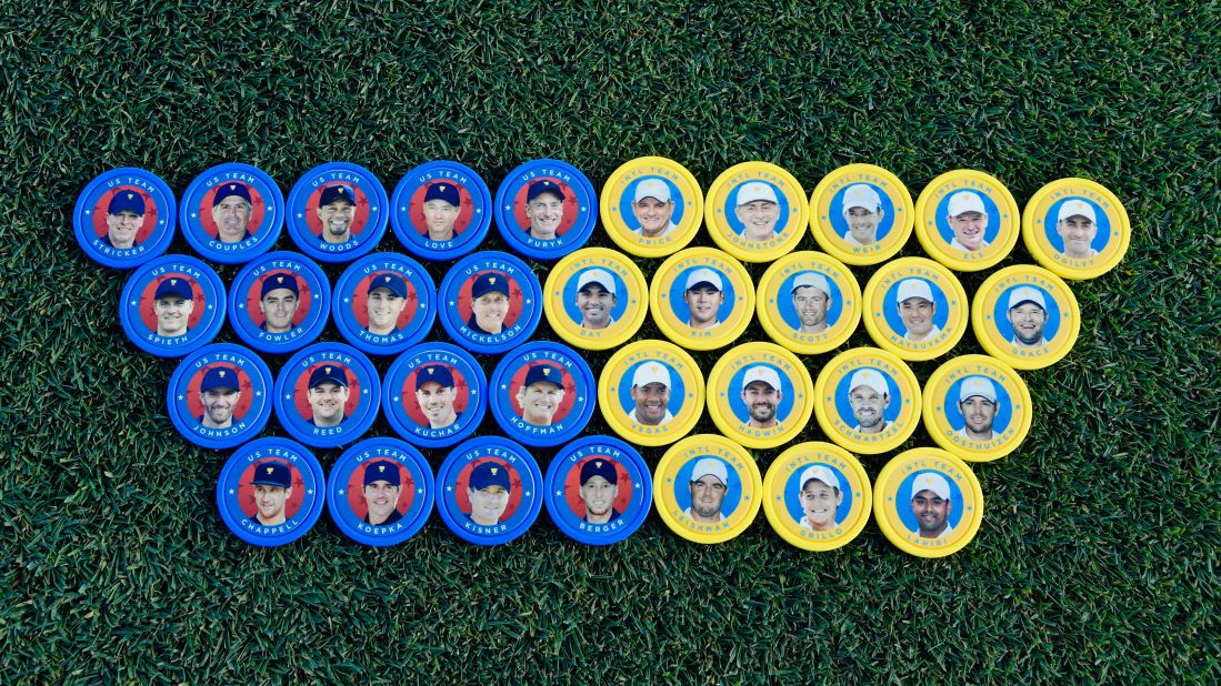U.S. Team and International Team poker chips are seen during the second round of the Presidents Cup at Liberty National Golf Club on September 29, 2017, in Jersey City, New Jersey. (Photo by Caryn Levy/PGA TOUR)