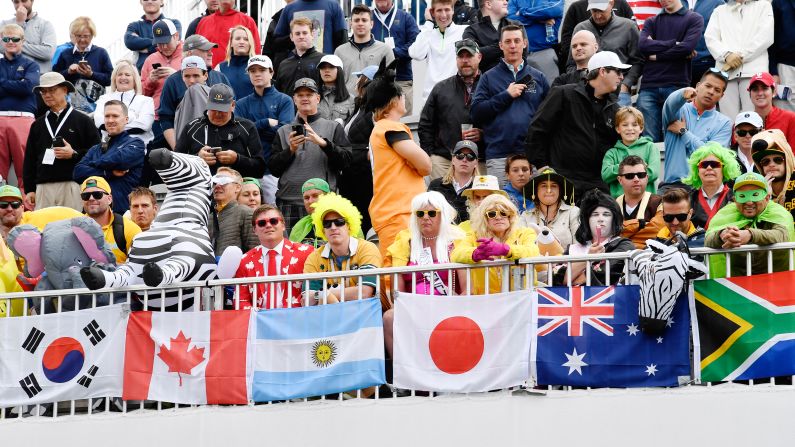 Fans on the first tee during the afternoon four-ball matches at the Presidents Cup at Liberty National Golf Club on September 30, 2017, in Jersey City, New Jersey. (Photo by Chris Condon/PGA TOUR)