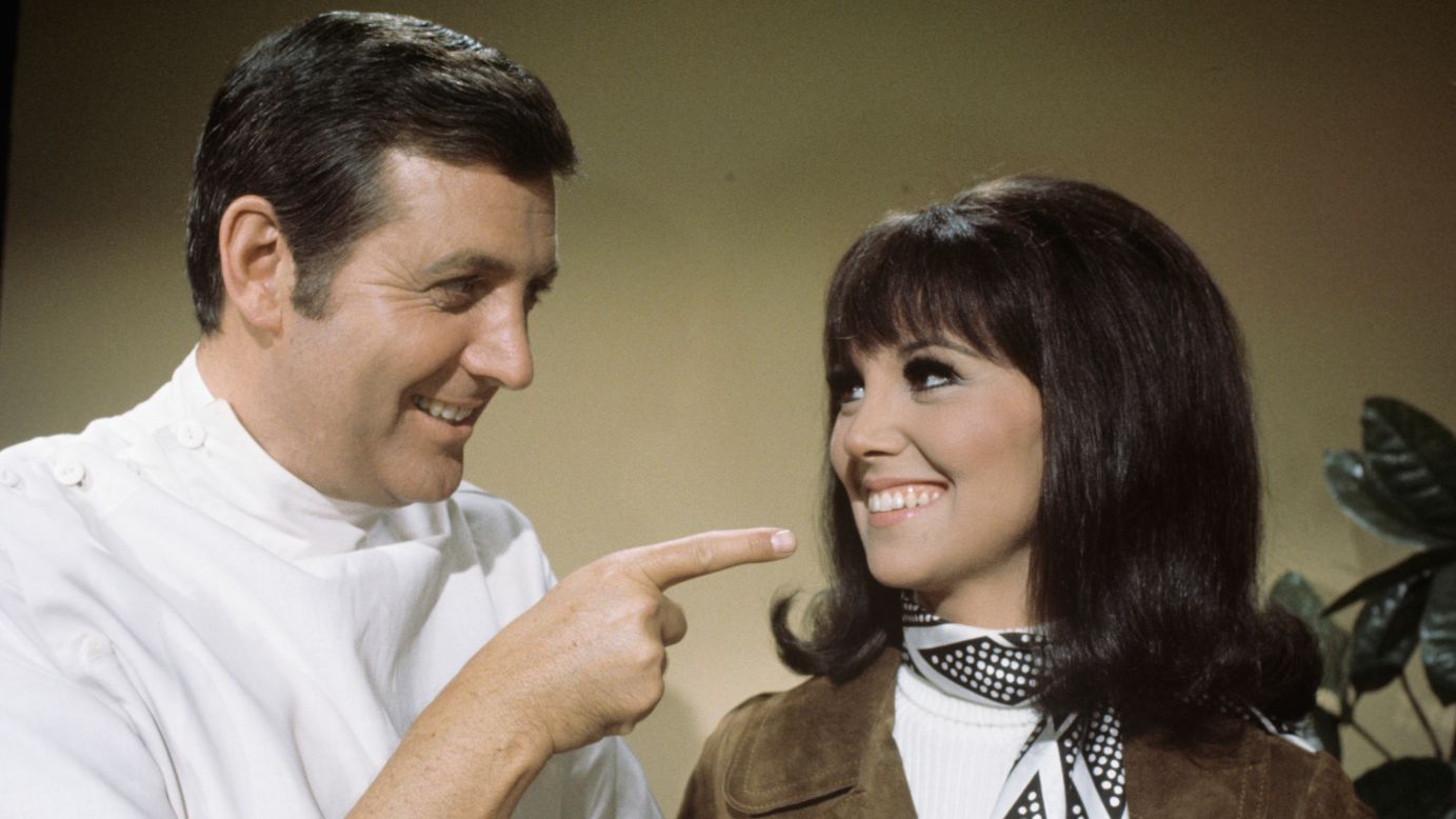 Monty Hall and Marlo Thomas are pictured in an episode of the TV comedy "That Girl" in 1969.
