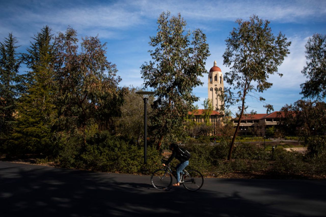 Hoover Tower looms during a quiet morning at Stanford University on March 9, in Stanford, California. 