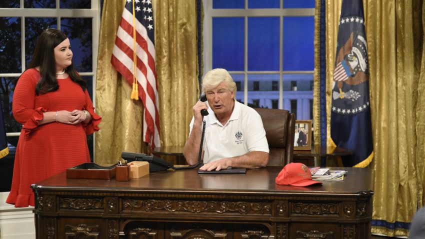 Aidy Bryant in character as White House press secretary Sarah Huckabee Sanders and Alec Baldwin as President  Donald Trump during the season premier of Saturday Night Live in New York on Saturday, September 30, 2017.