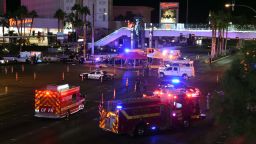 LAS VEGAS, NV - OCTOBER 02:  Police and rescue personnel gather at the intersection of Las Vegas Boulevard and Tropicana Ave. after a reported mass shooting at a country music festival on October 2, 2017 in Las Vegas, Nevada. A gunman has opened fire on a music festival in Las Vegas, leaving at least 2 people dead. Police have confirmed that one suspect has been shot. The investigation is ongoing. (Photo by Ethan Miller/Getty Images)