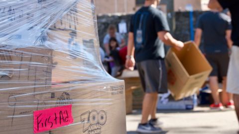 A pallet of supplies sits ready to be shipped to Puerto Rico as Puerto Ricovery volunteers continue to sort more donated goods.