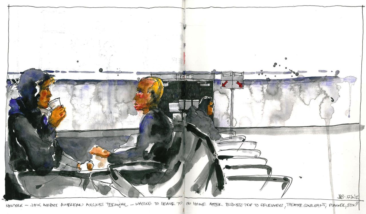 Gardner will sketch subjects in the airport terminals, as well as on board.