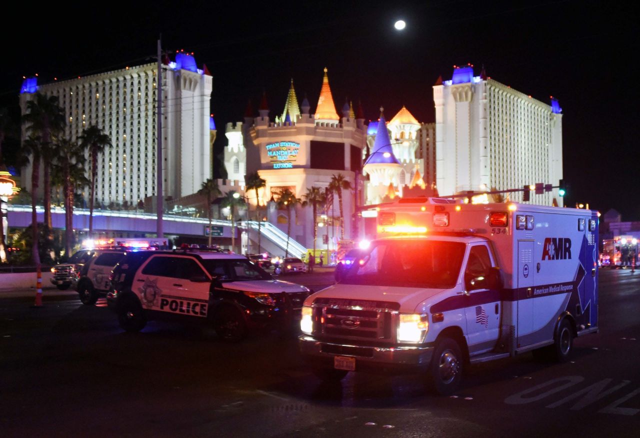 An ambulance leaves the intersection of Las Vegas Boulevard and Tropicana Avenue.