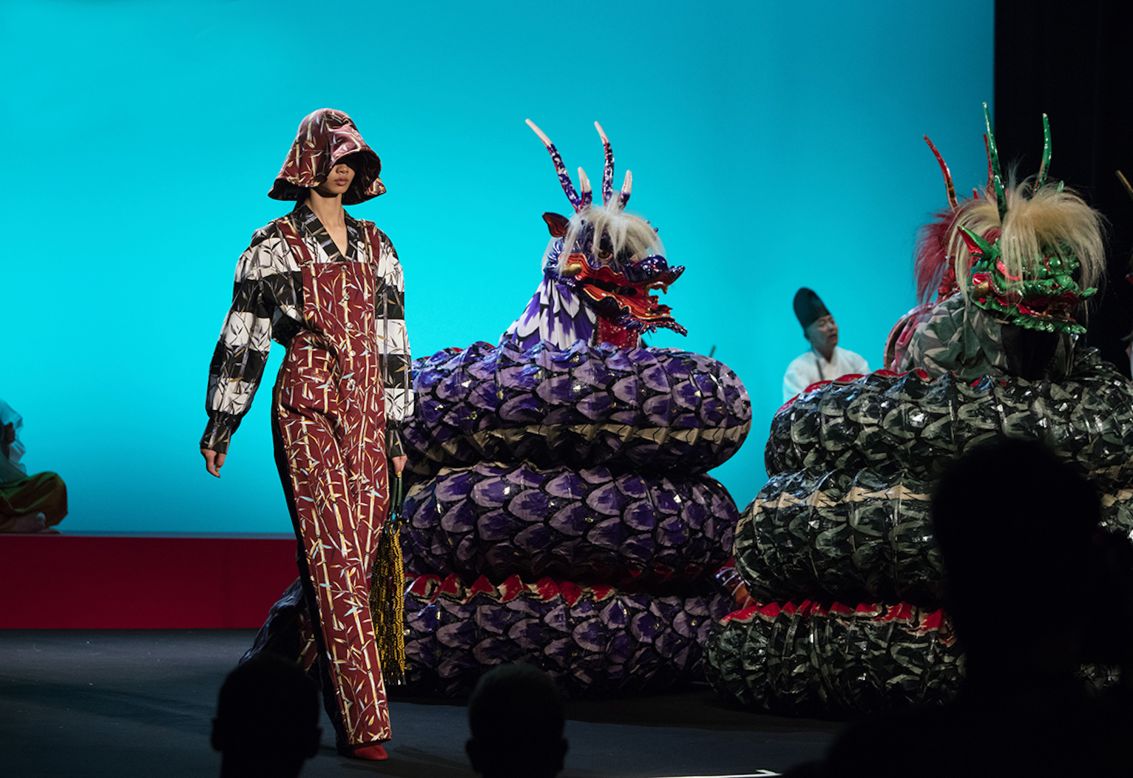 Carol Lim and Humberto Leon, behind Kenzo, hosted a show featuring a traditional Japanese theater group flown in especially to dance Kagura.  