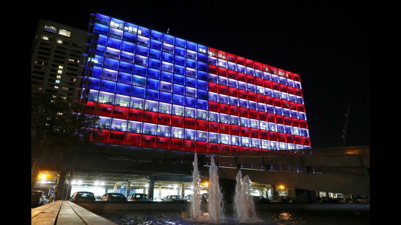 City Hall in Tel Aviv, Israel, is lit up like the American flag on October 2.