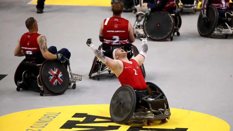 Mark Peters celebrates Thursday, September 28, after Denmark defeated the United Kingdom in the wheelchair rugby final of the Invictus Games.