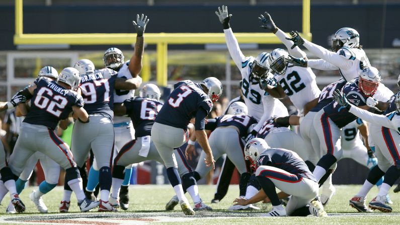 New England kicker Stephen Gostkowski boots a 58-yard field goal during a home game against Carolina on Sunday, October 1. In the end, though, it was Carolina winning with a last-second field goal, 33-30 over the defending NFL champions.