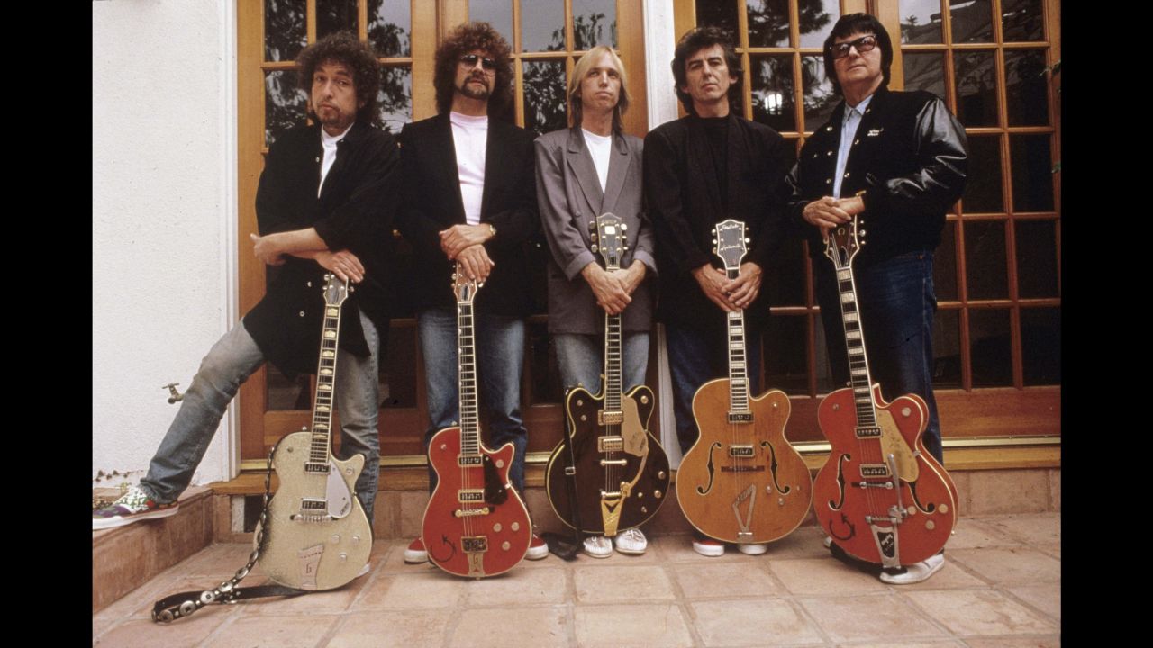 Petty, center, poses with other members of the Traveling Wilburys, a supergroup that also included, from left, Bob Dylan, Jeff Lynne, George Harrison and Roy Orbison.