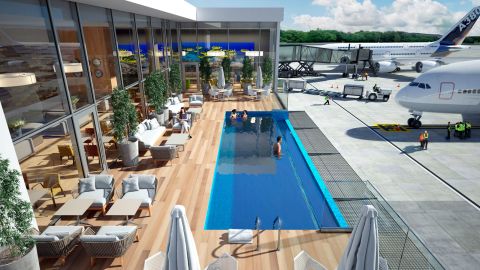 From the "therapeutic" pool at  DFT Airport, to Singapore's Changi's rooftop pool, here are some of the best airport swimming pools.