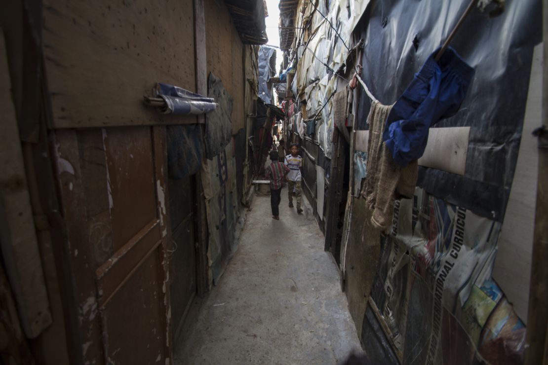 The narrow alleyways of Delhi's Kanchan Kunj makeshift Rohingya settlement. 