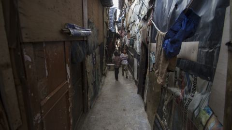 The narrow alleyways of Delhi's Kanchan Kunj makeshift Rohingya settlement. 