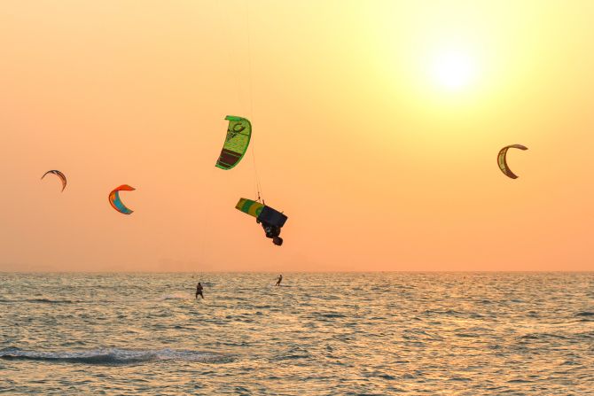 <strong>Flying high</strong>: Dubai's Kite Beach channels a laid-back Californian vibe -- there's plenty of chilled thrills to enjoy, including kite surfing.