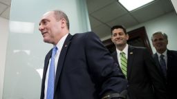 From left, House Majority Whip Steve Scalise, Speaker of the House Paul Ryan, R-Wisc., and House Majority Leader Kevin McCarthy, R-Calif., arrive to speak to reporters following the House Republican Conference meeting in the Capitol on Tuesday, Oct. 3, 2017. 