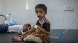 August 28, 2017 -- Mohammed Alawi Hadi, 6, and his brother Salih Alawi Hadi, 3, are treated for cholera at IRC-supported Al Sadaqa Hospital in Aden, Yemen. Yemen is currently experiencing the largest cholera outbreak in history. Due to the ongoing conflict in Yemen, health facilities and infrastructure have been broken down. Many people struggle to find access to clean water and sanitary bathroom facilities. The IRC is responding to the cholera outbreak in Yemen by providing clean water, running diarrhea treatment centers where cholera patients are treated, and educating local communities on how to prevent cholera.