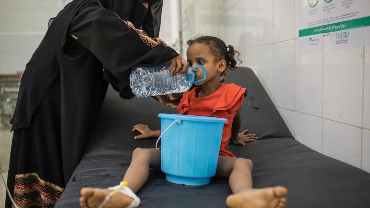 August 28, 2017 -- Fatima Yasen Ibrahim is treated for cholera at IRC-supported Al Sadaqa Hospital in Aden, Yemen. Yemen is currently experiencing the largest cholera outbreak in history. 