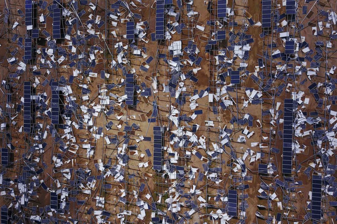 Solar panel debris is seen scattered in a solar panel field in the aftermath of Hurricane Maria in Humacao, Puerto Rico on October 2, 2017.