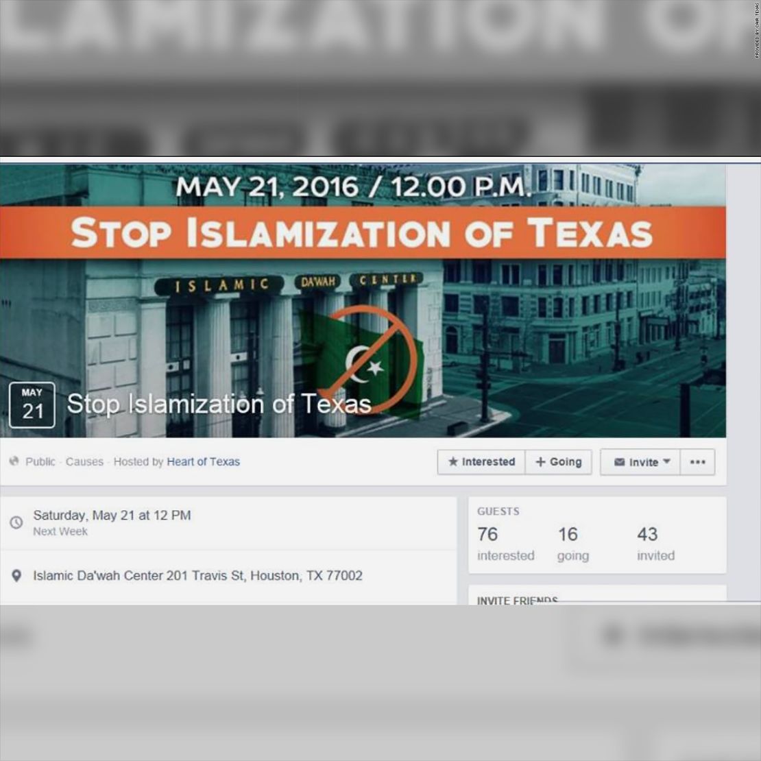 A screenshot of the Event Page for "Stop Islamization of Texas," which was created by the Russian-linked group Heart of Texas.