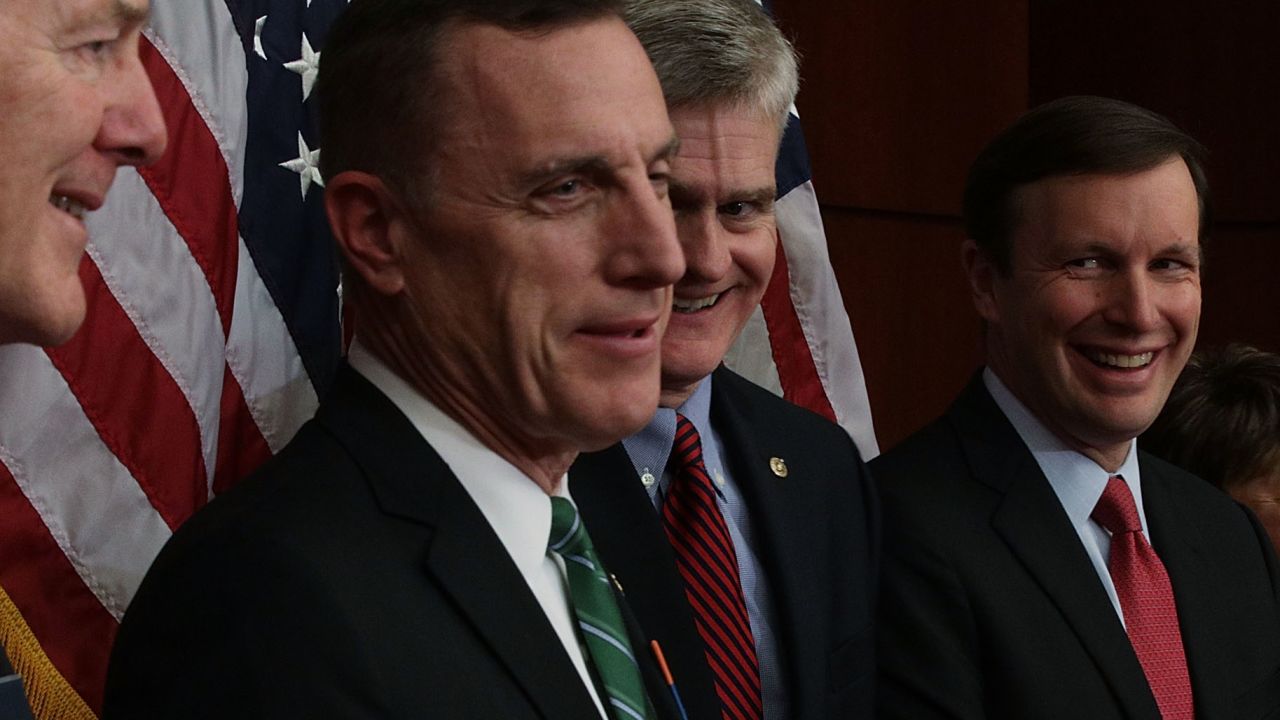 (L-R) U.S. Senate Majority Whip Sen. John Cornyn (R-TX), Rep. Tim Murphy (R-PA), Sen. Bill Cassidy (R-LA), Sen. Chris Murphy (D-CT), Rep. Eddie Bernice Johnson (D-TX), and Sen. Lamar Alexander (R-TN) participate in a news conference December 5, 2016 on Capitol Hill in Washington, DC. 