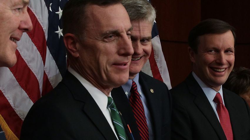 (L-R) U.S. Senate Majority Whip Sen. John Cornyn (R-TX), Rep. Tim Murphy (R-PA), Sen. Bill Cassidy (R-LA), Sen. Chris Murphy (D-CT), Rep. Eddie Bernice Johnson (D-TX), and Sen. Lamar Alexander (R-TN) participate in a news conference December 5, 2016 on Capitol Hill in Washington, DC.