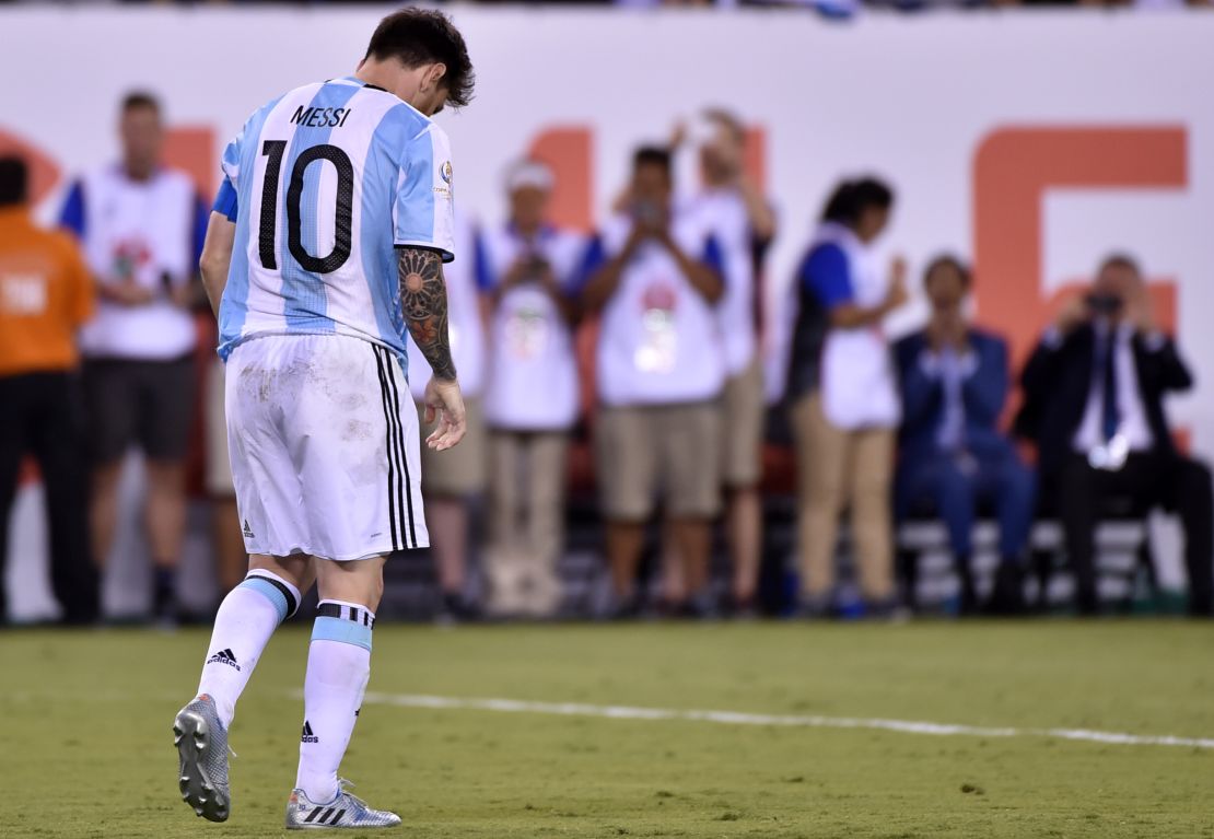 Messi shows his dejection after being defeated by Chile in the 2016 Copa America final.