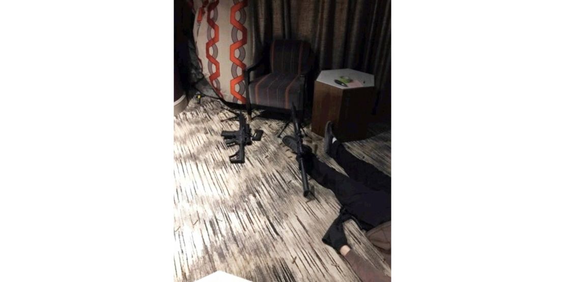 Leaked photos published by the Daily Mail show the scene, including what appears to be the shooter's body, inside Stephen Paddock's room at the Mandalay Bay in Las Vegas.
