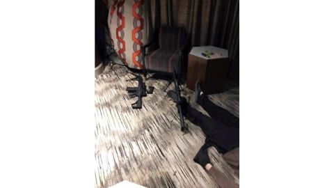 Leaked photos published by the Daily Mail show the scene, including what appears to be the shooter's body, inside Stephen Paddock's room at the Mandalay Bay in Las Vegas. 