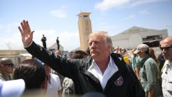 CAROLINA, PUERTO RICO - OCTOBER 03:  President Donald Trump waves as he arrives at the Muniz Air National Guard Base for a visit after Hurricane Maria hit the island on October 3, 2017 in Carolina, Puerto Rico.  