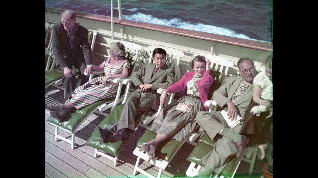 During a seven-month trip in 1953, Akihito sits on the promenade deck of a cruise ship headed from Hawaii to San Francisco. He visited 14 countries.