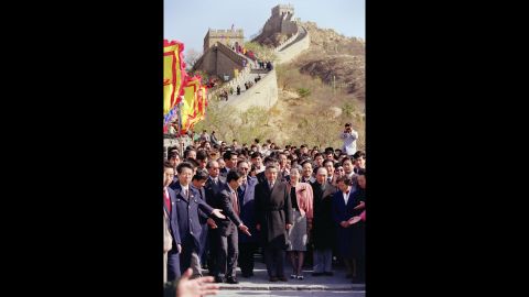 Akihito and Michiko visit the Great Wall of China in 1992. It was the first visit to China by a Japanese monarch. During his stay, Akihito said he deplored the Japanese treatment of the Chinese before and during World War II.