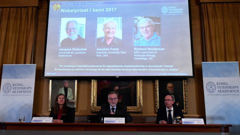 Members of the Nobel Committee announce the 2017 chemistry prize.
