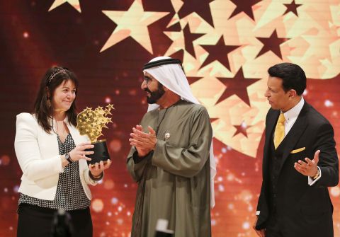 Canadian teacher Maggie MacDonnell receives the Global Teacher Prize from Sheikh Mohammed bin Rashid al-Maktoum,  Vice President and Prime Minister of the United Arab Emirates and ruler of Dubai, during a ceremony in Dubai in March 2017. MacDonnell, who works in a fly-in only village in the Arctic, was among 10 finalists chosen from 179 countries and won a $1 million prize.