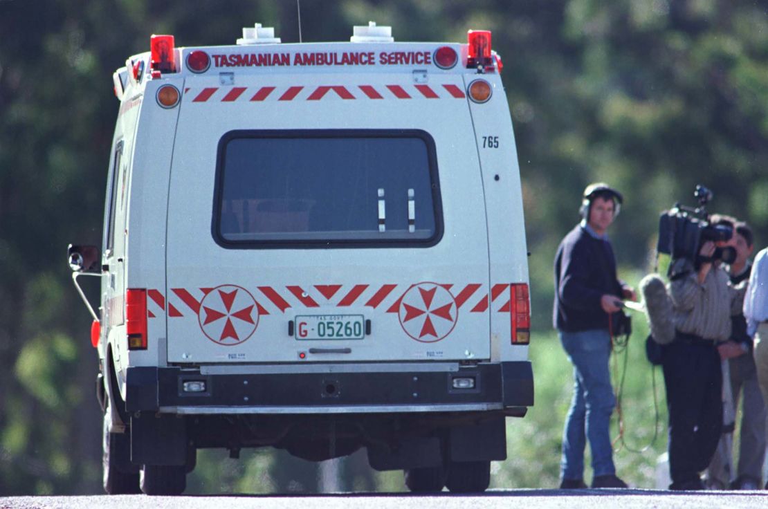 An ambulance at the Port Arthur historic site after the mass shooting in 1996 where 35 people were killed.