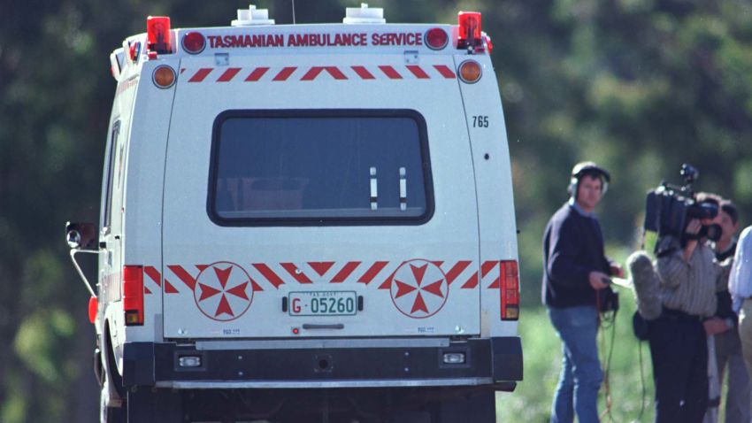 (AUSTRALIA & NEW ZEALAND OUT) An ambulance leaves the Port Arthur historic site after the Port Arthur massacre, where 35 people were shot an killed by a lone gunman, Tasmania, 29 April 1996. THE AGE Picture by JASON SOUTH (Photo by Fairfax Media/Fairfax Media via Getty Images)