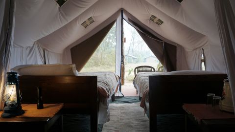 A twin-bed safari tent at Nepal's Tiger Tops site.