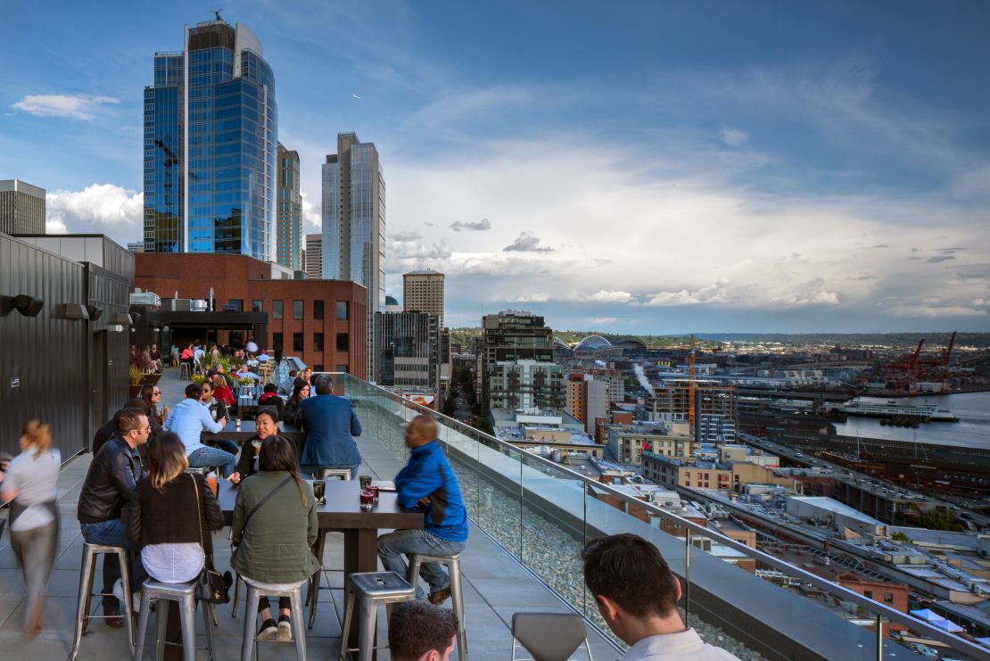 Perched high atop the luxury Thompson Seattle hotel, The Nest bar affords amazing views.