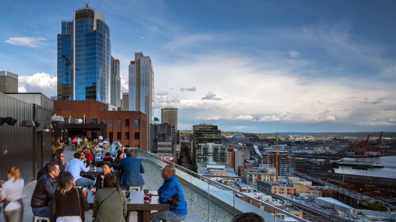 Perched high atop the luxury Thompson Seattle hotel, The Nest bar affords amazing views.