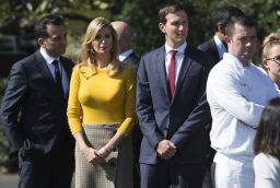 Ivanka Trump, daughter of US President Donald Trump, and her husband, Senior White House Adviser Jared Kushner, arrive for a moment of silence on the South Lawn of the White House in Washington, DC, October 2, 2017, for the victims of the shooting yesterday in Las Vegas, Nevada. / AFP PHOTO / SAUL LOEB        (Photo credit should read SAUL LOEB/AFP/Getty Images)