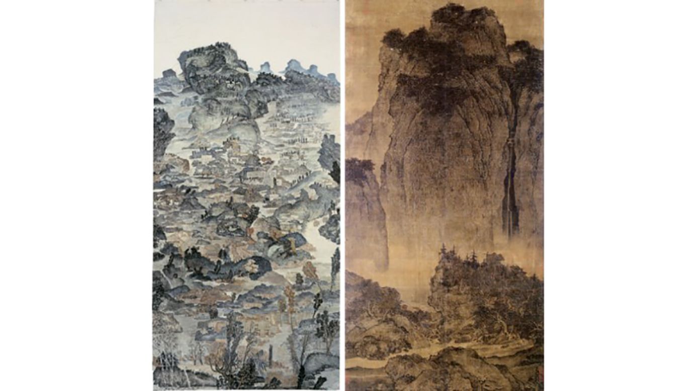 The artist of the work on the left depicts scenes along the Yangtze River just as construction began on the Three Gorges Dam. "The work is a dialogue with the traditional," says Wu Hung. "Compared to Fan Kuan's Song dynasty depiction (right) of a heroic, wholesome mountain, Yun-Fei Ji's mountains are fragmented like they are about to fall apart. By comparing themselves with traditional art, artists can find their own contemporality." <em>Yun-Fei Ji "Below the 143 Meter Watermark" (2006) ink and color on paper,  (left).</em>