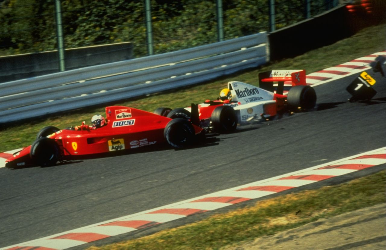 Prost (left), who had moved to Ferrari in 1990, was shunted by Senna as they approached Turn One.