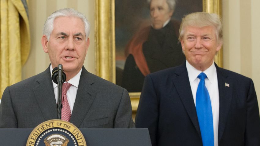 WASHINGTON, DC - FEBRUARY 1:  (AFP OUT) Rex Tillerson delivers remarks after being sworn in as 69th secretary of state as President Donald Trump looks on beneath a painting of populist President Andrew Jackson in the Oval Office of the White House on February 1, 2017 in Washington, DC.