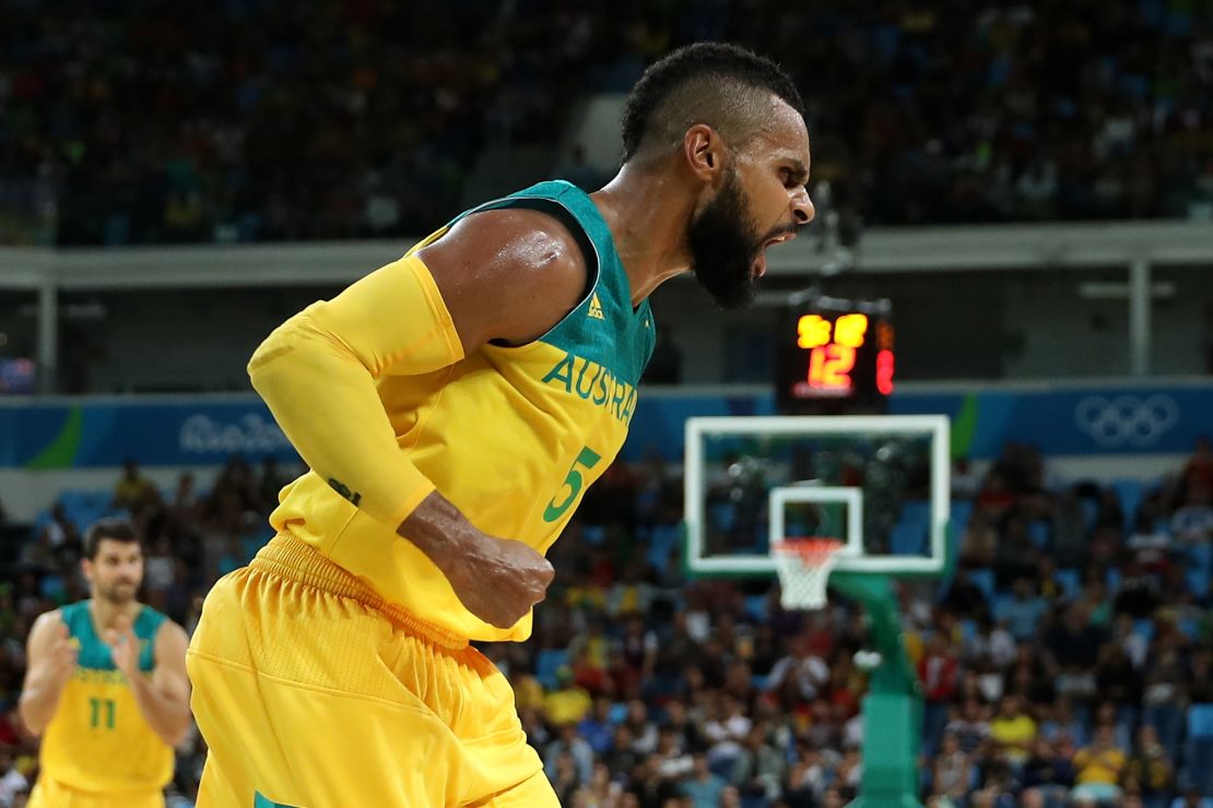 Mills celebrates a basket during the Men's Basketball Bronze medal game between Australia and Spain at the Rio 2016 Olympic Games, August 21.