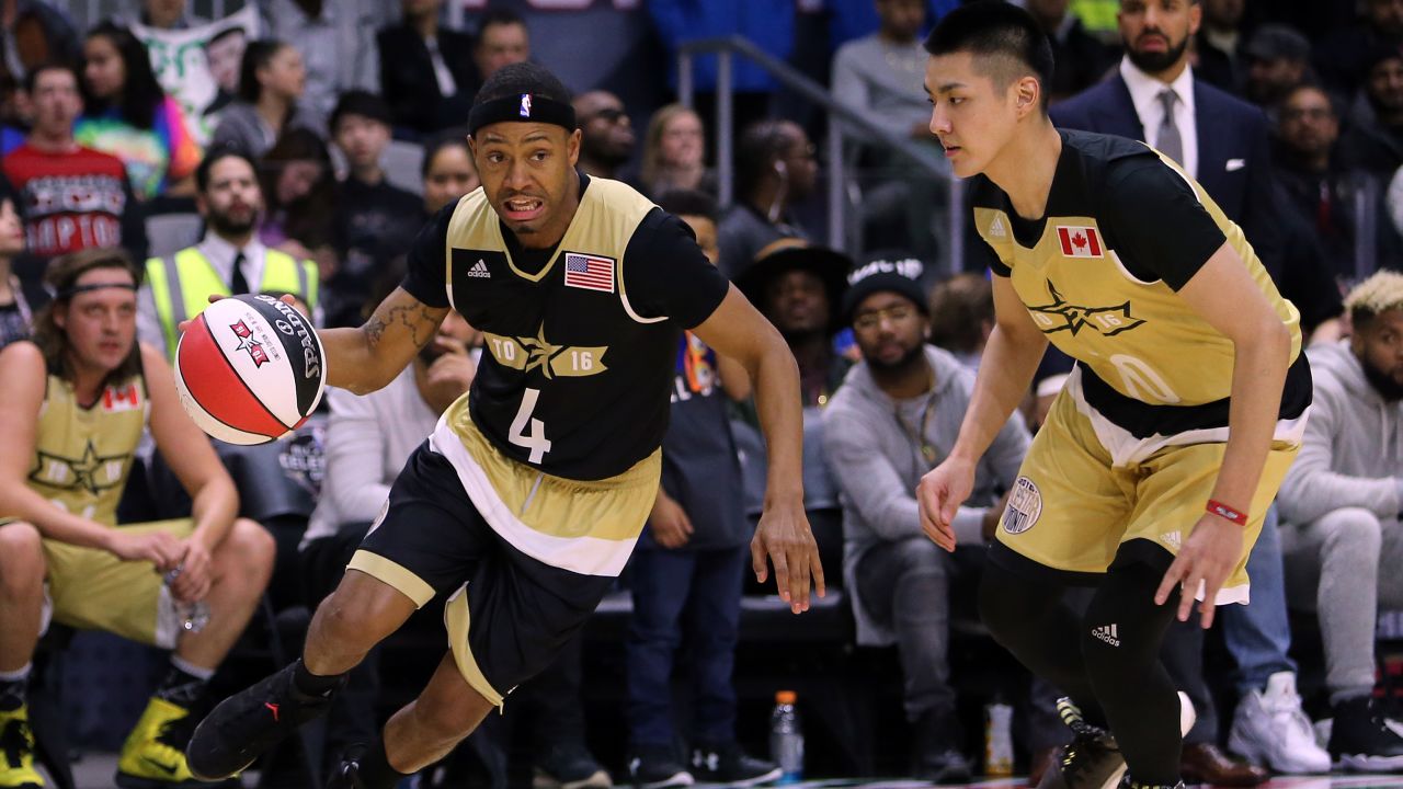 Terrence Jenkins of Team USA and Kris Wu of Team Canada during the NBA All-Star Celebrity Game in 2016 in Toronto.